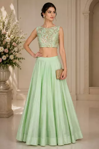 Light Green Silk Blend Embroidered Crop Top Lehengas