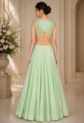 Light Green Silk Blend Embroidered Crop Top Lehengas 2