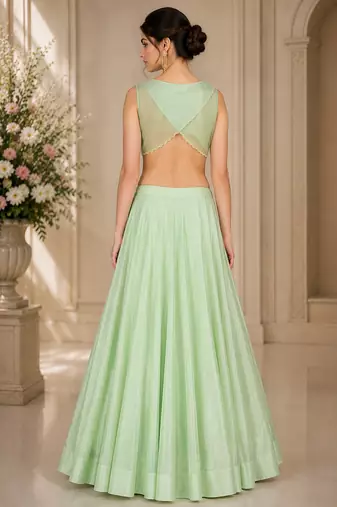Light Green Silk Blend Embroidered Crop Top Lehengas