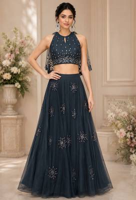 Electric Blue Net Embroidered Crop Top Lehengas 1