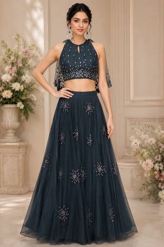 Electric Blue Net Embroidered Crop Top Lehengas