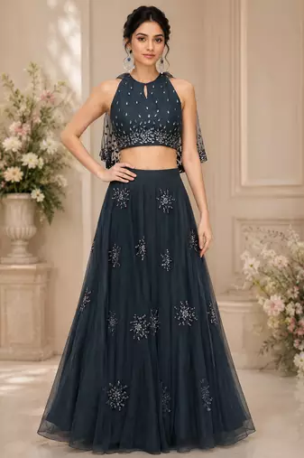 Electric Blue Net Embroidered Crop Top Lehengas