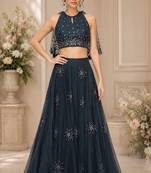 Electric Blue Net Embroidered Crop Top Lehengas