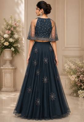 Electric Blue Net Embroidered Crop Top Lehengas 2