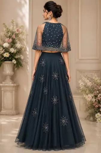 Electric Blue Net Embroidered Crop Top Lehengas