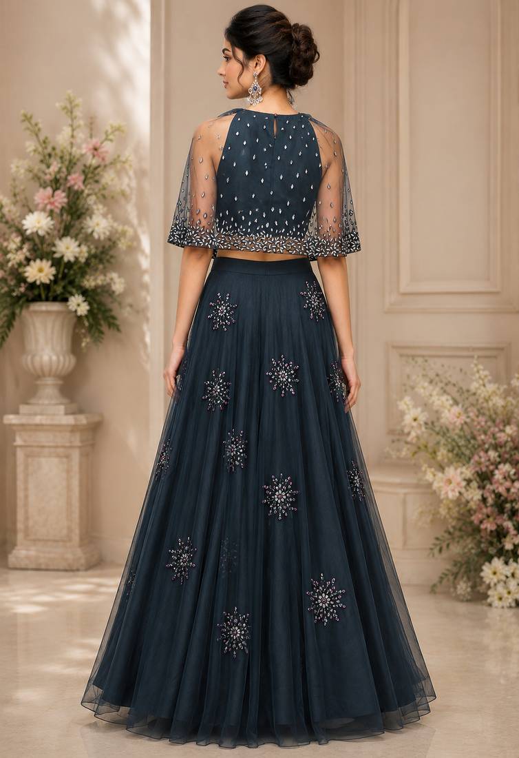 Electric Blue Net Embroidered Crop Top Lehengas