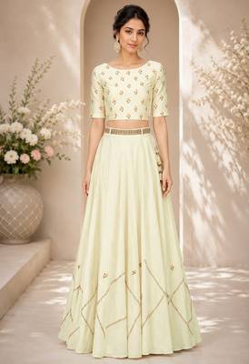 Light Yellow Silk Blend Embroidered Crop Top Lehengas 1