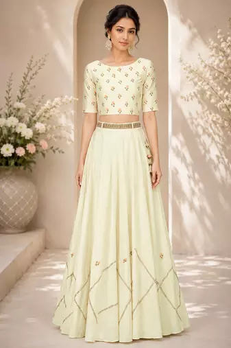 Light Yellow Silk Blend Embroidered Crop Top Lehengas