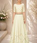 Light Yellow Silk Blend Embroidered Crop Top Lehengas