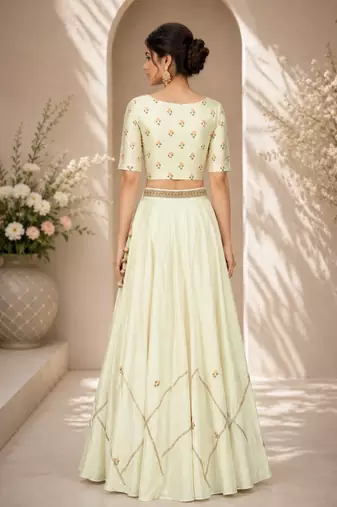 Light Yellow Silk Blend Embroidered Crop Top Lehengas