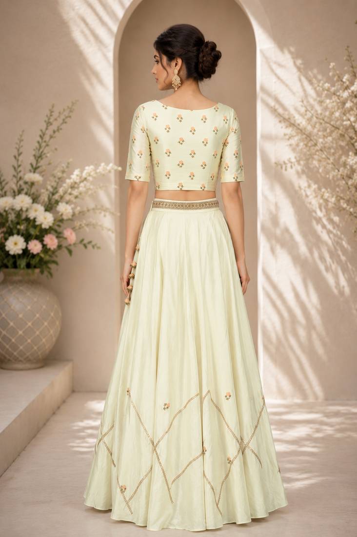 Light Yellow Silk Blend Embroidered Crop Top Lehengas