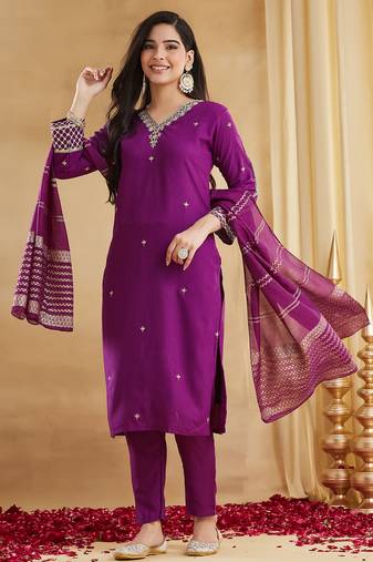 Women's Gorgeous Embroidery Work Viscose Rayon Fabric Straight Kurta Pant and Dupatta Set