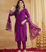 Women's Gorgeous Embroidery Work Viscose Rayon Fabric Straight Kurta Pant and Dupatta Set