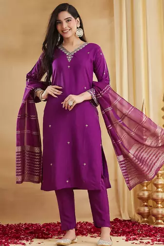 Women's Gorgeous Embroidery Work Viscose Rayon Fabric Straight Kurta Pant and Dupatta Set