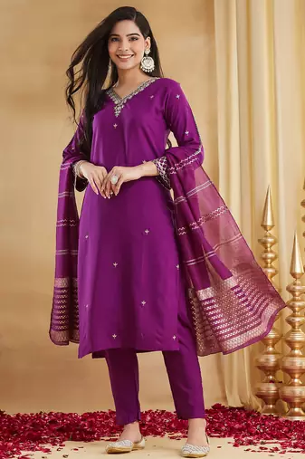 Women's Gorgeous Embroidery Work Viscose Rayon Fabric Straight Kurta Pant and Dupatta Set