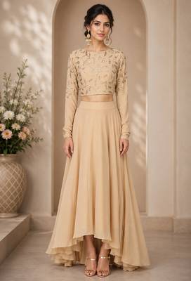Beige Crepe Embroidered Crop Top Lehengas 1