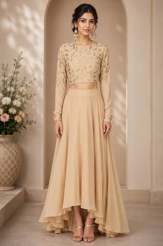 Beige Crepe Embroidered Crop Top Lehengas