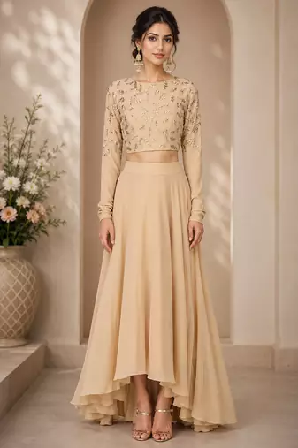 Beige Crepe Embroidered Crop Top Lehengas