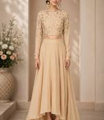 Beige Crepe Embroidered Crop Top Lehengas