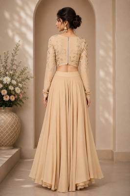 Beige Crepe Embroidered Crop Top Lehengas 2