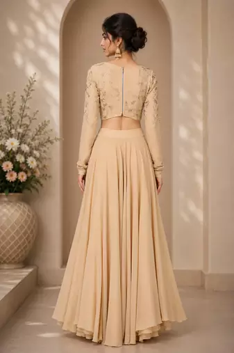Beige Crepe Embroidered Crop Top Lehengas