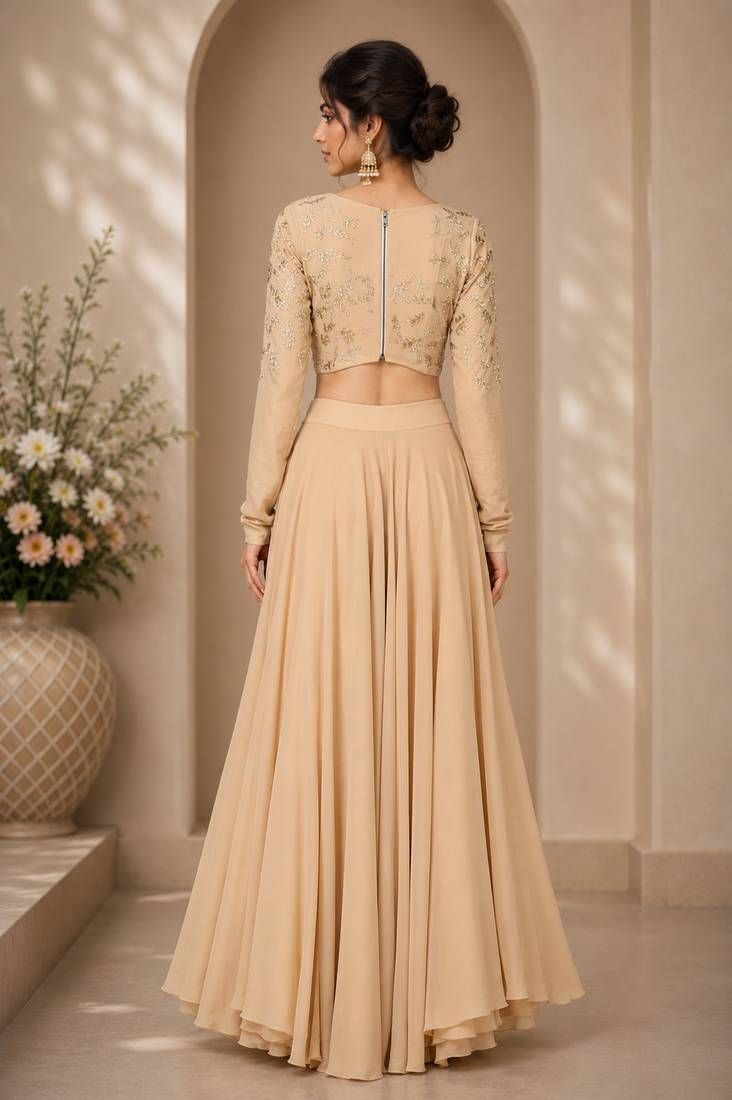 Beige Crepe Embroidered Crop Top Lehengas