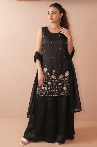 Women's Beautiful Embroidery Work French Crepe Fabric Straight Kurta Sharara and Dupatta Set