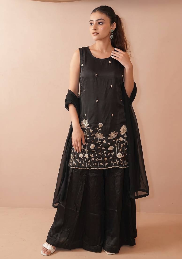 Women's Beautiful Embroidery Work French Crepe Fabric Straight Kurta Sharara and Dupatta Set