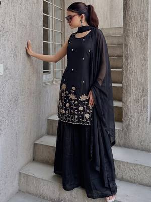 Women's Beautiful Embroidery Work French Crepe Fabric Straight Kurta Sharara and Dupatta Set 2