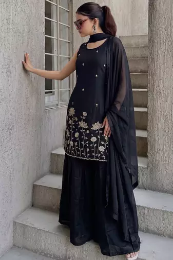 Women's Beautiful Embroidery Work French Crepe Fabric Straight Kurta Sharara and Dupatta Set