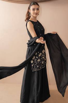 Women's Beautiful Embroidery Work French Crepe Fabric Straight Kurta Sharara and Dupatta Set 4