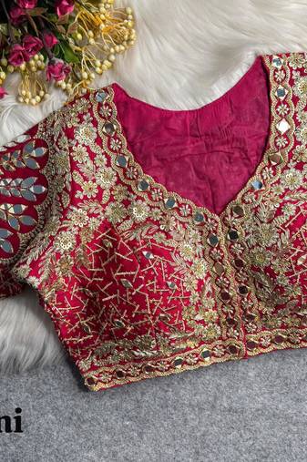 Rani pink 3d peacock real mirror work italian silk blend blouse