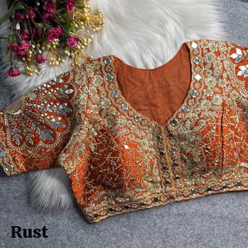 Rust 3d peacock real mirror work italian silk blend blouse 1