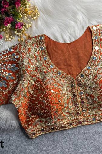 Rust 3d peacock real mirror work italian silk blend blouse
