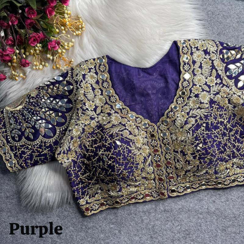 Purple 3d peacock real mirror work italian silk blend blouse