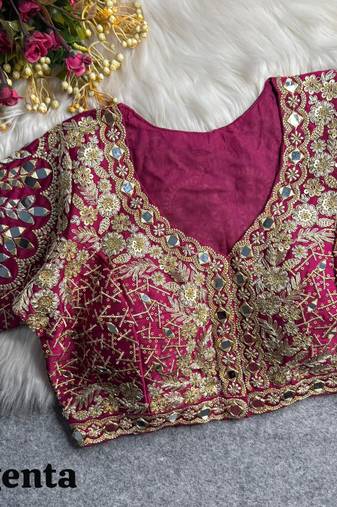 Magenta 3d peacock real mirror work italian silk blend blouse