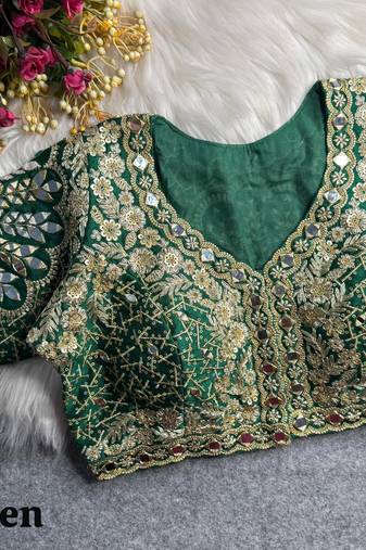 Green 3d peacock real mirror work italian silk blend blouse
