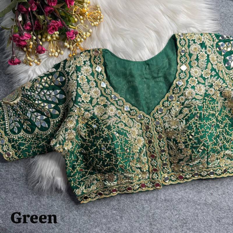 Green 3d peacock real mirror work italian silk blend blouse