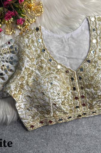 White 3d peacock real mirror work italian silk blend blouse