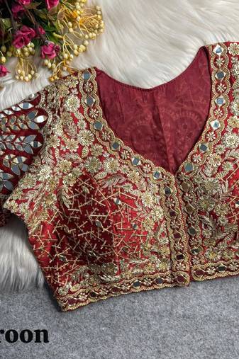 Maroon 3d peacock real mirror work italian silk blend blouse