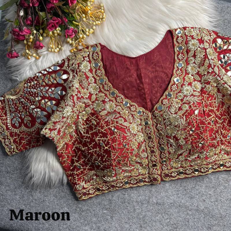 Maroon 3d peacock real mirror work italian silk blend blouse
