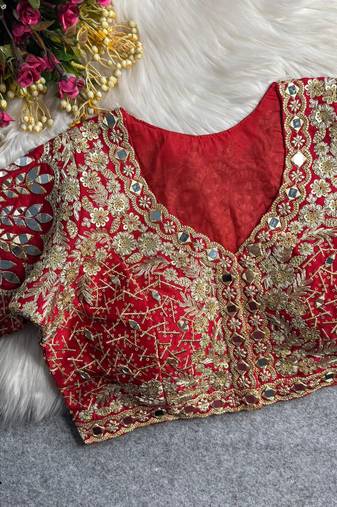 Red 3d peacock real mirror work italian silk blend blouse