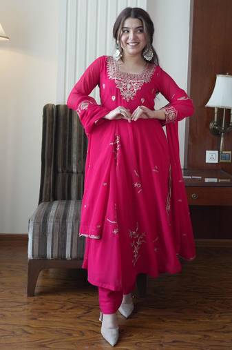 Red faux georgette embroidered flared gown set