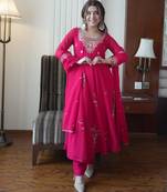 Red faux georgette embroidered flared gown set