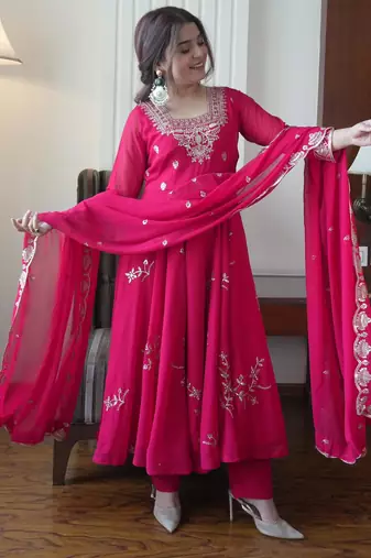 Red faux georgette embroidered flared gown set