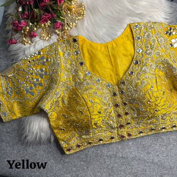 Yellow 3d peacock real mirror work italian silk blend blouse 1
