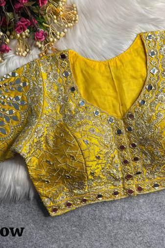 Yellow 3d peacock real mirror work italian silk blend blouse