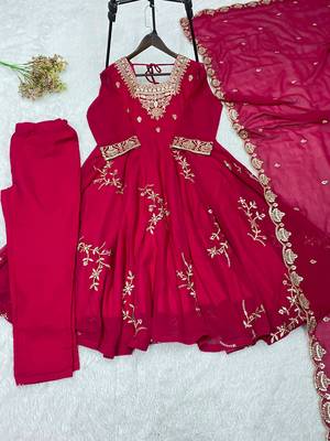 Red faux georgette embroidered flared gown set 4