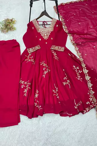 Red faux georgette embroidered flared gown set