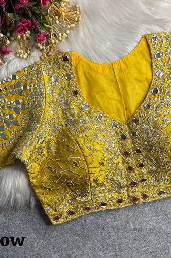 Yellow 3d peacock real mirror work italian silk blend blouse